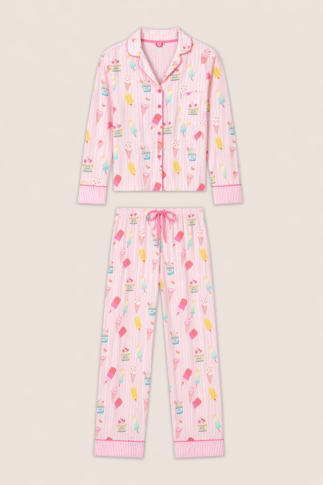 The P.J. Salvage Playful Prints Sugar Rush Long PJ Set features a pink and white striped cotton-modal jersey with a button-up long sleeve top and matching pants, decorated with colorful pastel ice cream and popsicle prints.