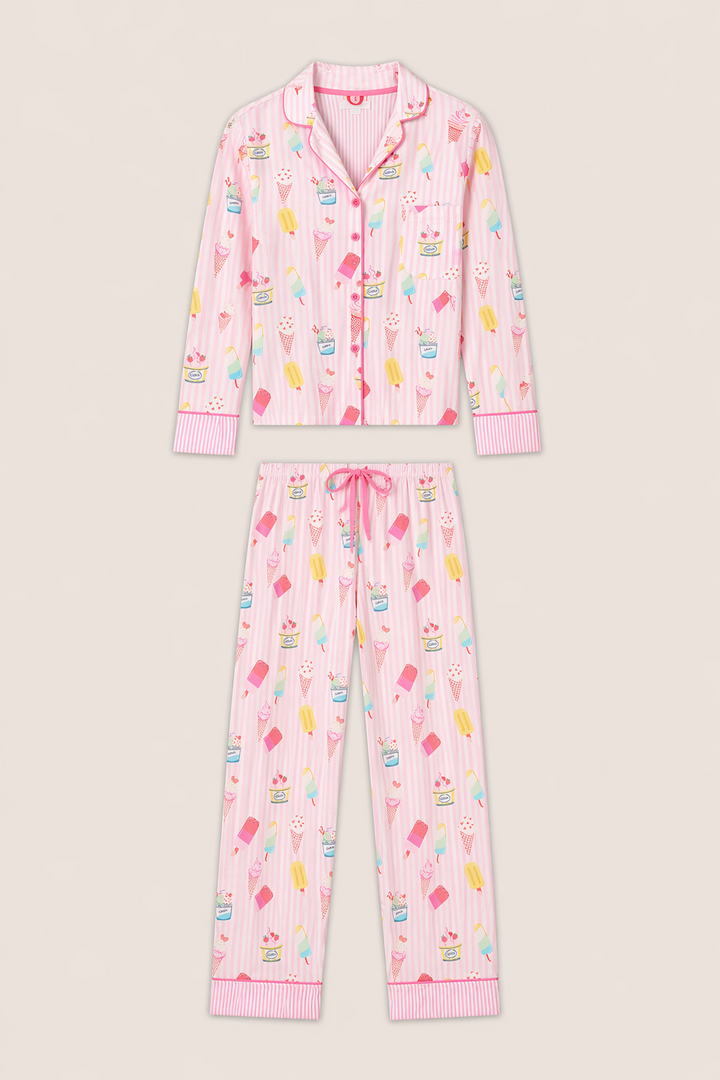 The P.J. Salvage Playful Prints Sugar Rush Long PJ Set features a pink and white striped cotton-modal jersey with a button-up long sleeve top and matching pants, decorated with colorful pastel ice cream and popsicle prints.