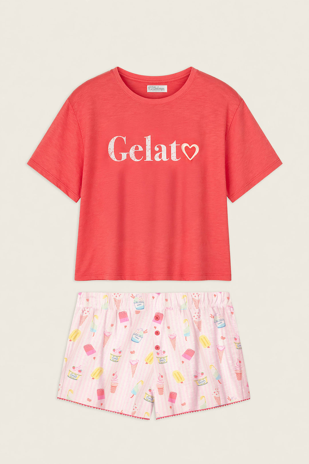 The Playful Prints Gelato Love Short PJ Set by P.J. Salvage features a red, short-sleeved top with "Gelat♡" on the front and light pink shorts with a fun dessert print—a sweet loungewear nod to the Amalfi Coast.