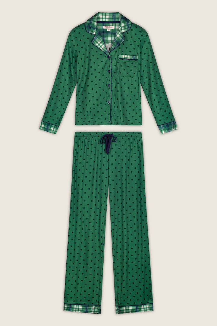 The Plaid About You Polka Dots & Plaid PJ Set by P.J. Salvage features a green long-sleeve button-up top and drawstring pants, accented with black polka dots and plaid trim on the collar, cuffs, pocket, and pant hems. The set is displayed flat on a light background.