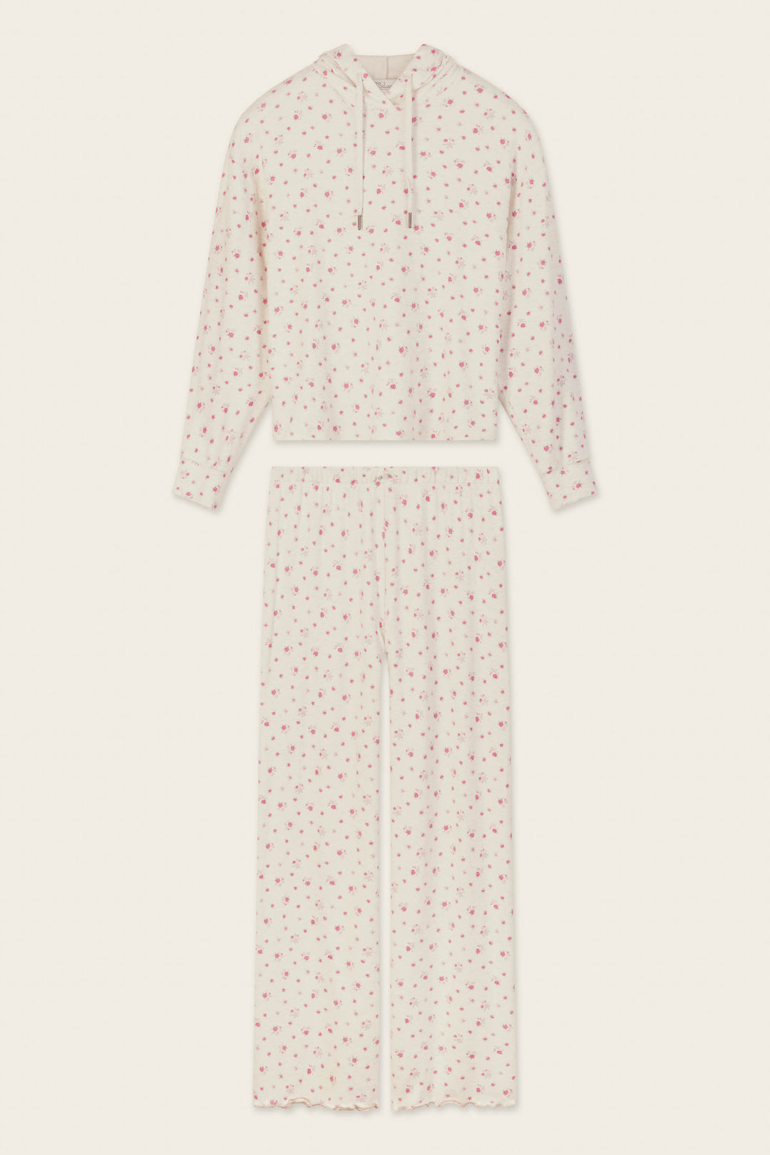 The Romantic Rose Ditsy Rose Print Hoodie & Pants PJ Set by P.J. Salvage is a cream-colored pajama set with a hooded long-sleeve top and wide-leg pants, both adorned with a delicate pink floral print pattern. The set is displayed flat on a light background.