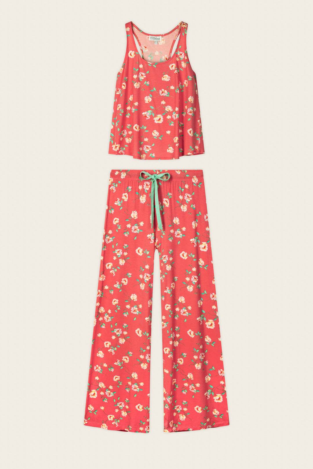 The P.J. Salvage Siesta Dreams Dark Coral Floral Print Long PJ Set features a soft, breathable modal jersey with a sleeveless tank, wide-leg pants, and green drawstring—perfect loungewear for relaxing in style and comfort.