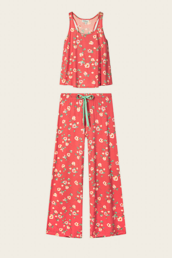 The P.J. Salvage Siesta Dreams Dark Coral Floral Print Long PJ Set features a soft, breathable modal jersey with a sleeveless tank, wide-leg pants, and green drawstring—perfect loungewear for relaxing in style and comfort.