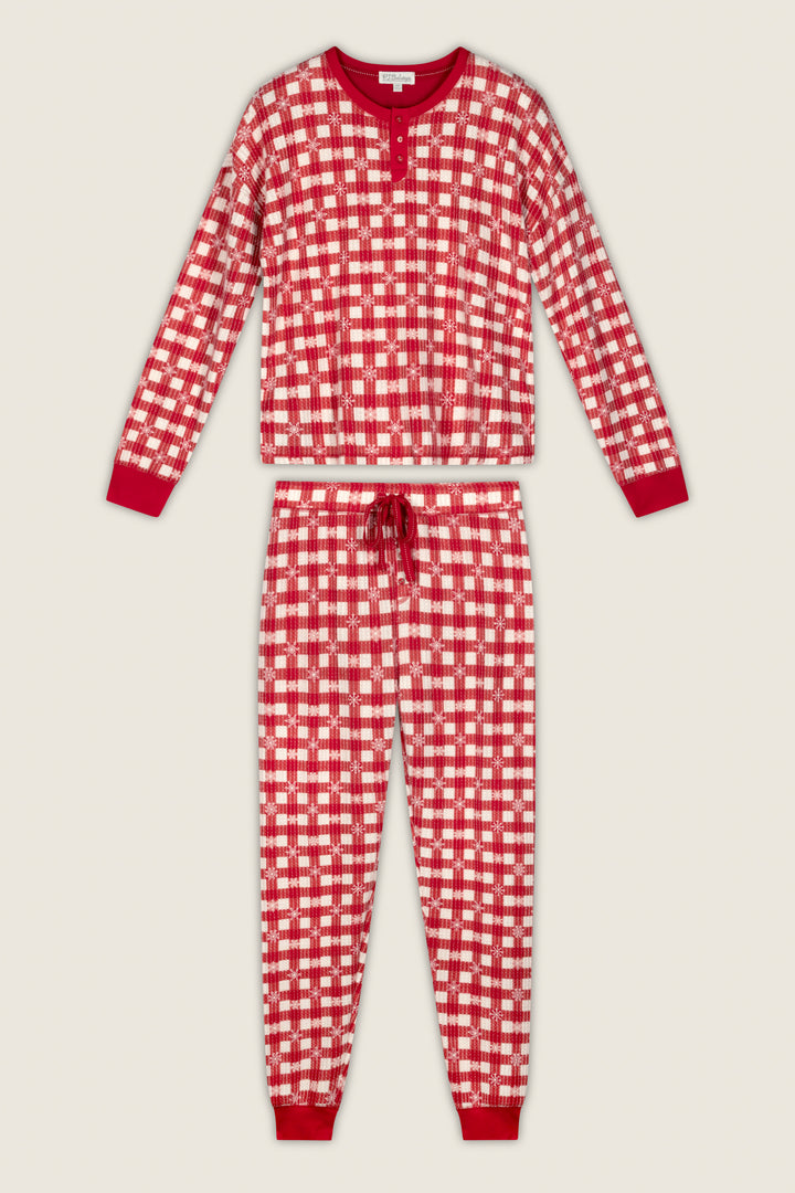 P.J. Salvage Ski Jammie Classics Snowflake Picnic Jogger PJ Set featuring a red and white plaid print, long sleeves, a buttoned neckline, and drawstring jogger pants, displayed flat on a light background.
