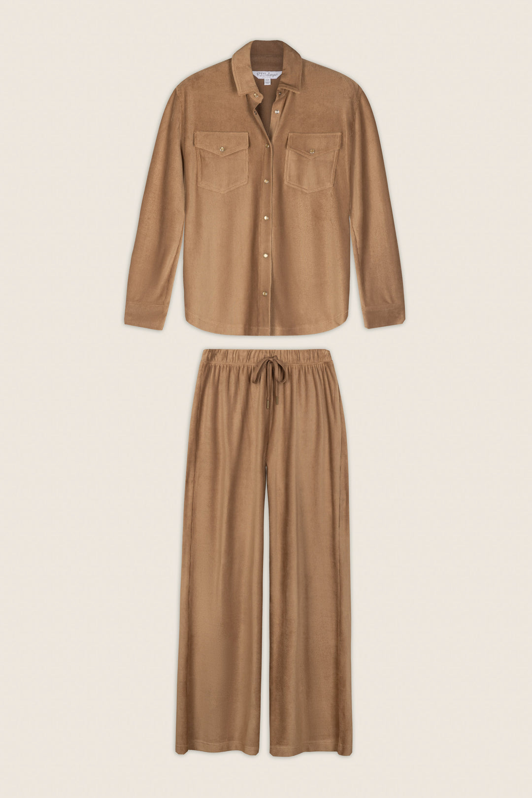 A matching set featuring the P.J. Salvage Western Ways Hey Cowboy Corduroy Knit Button Down Top—a light brown long-sleeve shirt with chest pockets—paired with wide-leg drawstring pants, laid flat on a beige background.