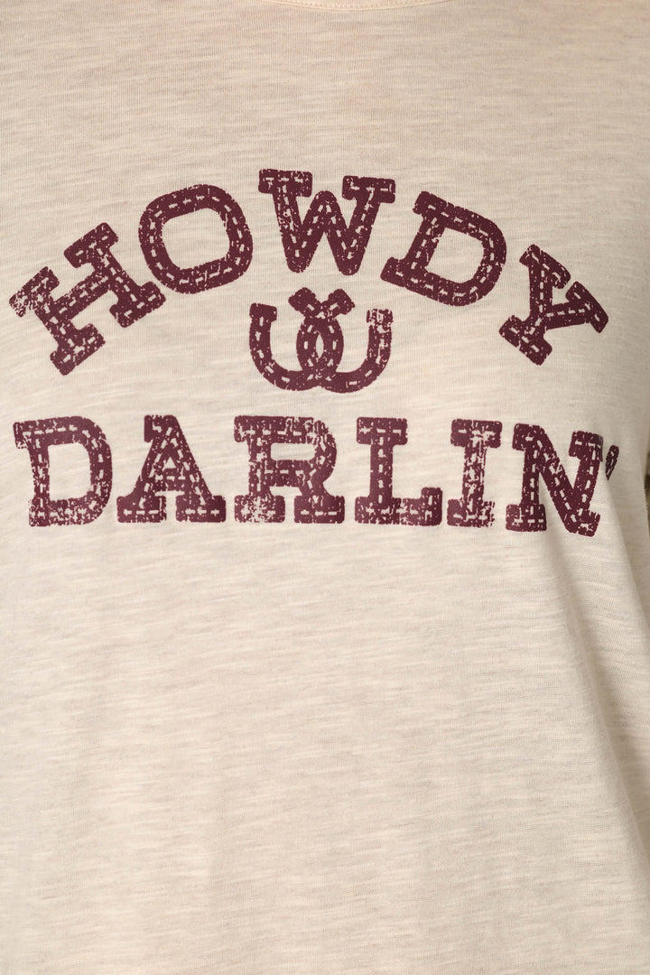 The P.J. Salvage Saddle Up Howdy Darlin Nightshirt features beige fabric with distressed maroon “HOWDY DARLIN” text and a small horseshoe graphic between the words.