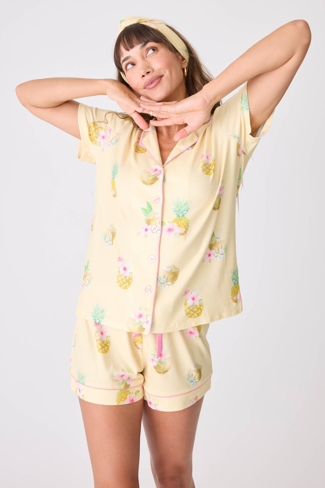 Women's yellow long sleeve lounge top with pineapple floral print