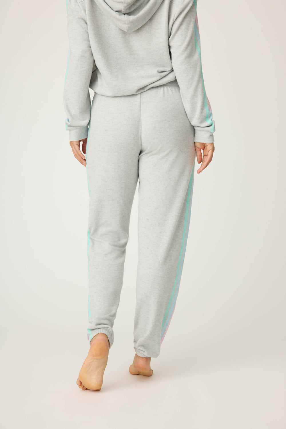 Women's grey jogger pant with pastel side stripes. Drawstring waist.