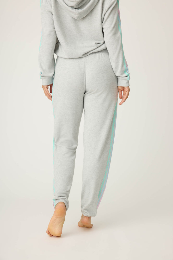 Women's grey jogger pant with pastel side stripes. Drawstring waist.
