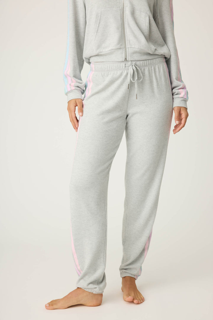 Women's grey jogger pant with pastel side stripes. Drawstring waist.