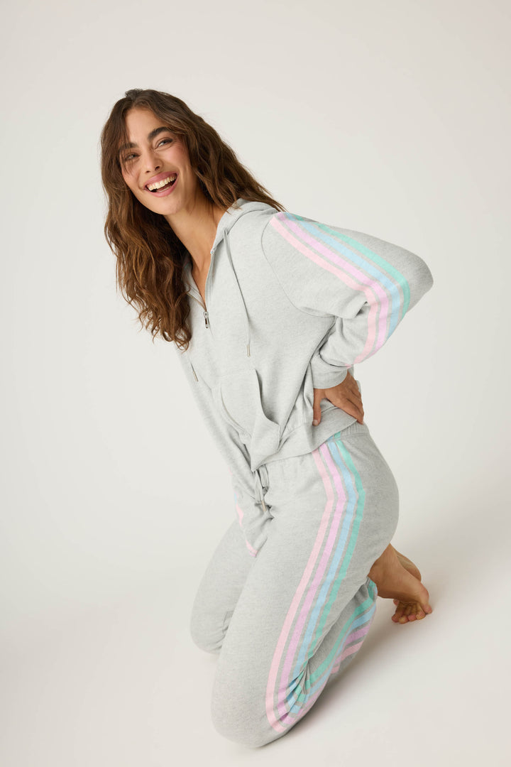 Women's grey jogger pant with pastel side stripes. Drawstring waist.
