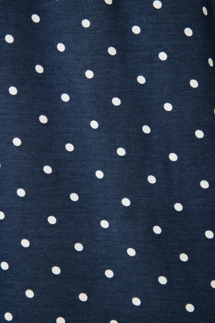 Women's navy blue w/ivory polka dot chemise in modal jersey. Adjustable straps & lace inset neckline.