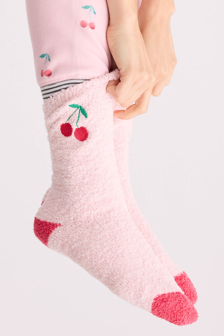 Women's pale pink and red socks with cherry embroidery.