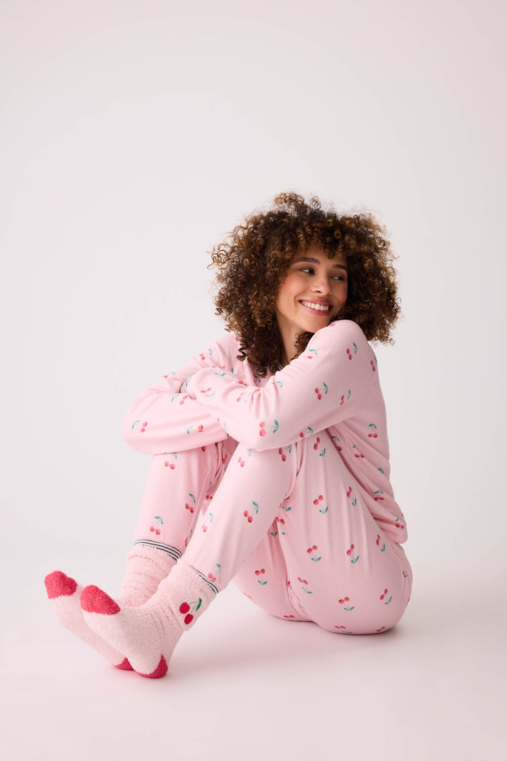 Women's pale pink and red socks with cherry embroidery.
