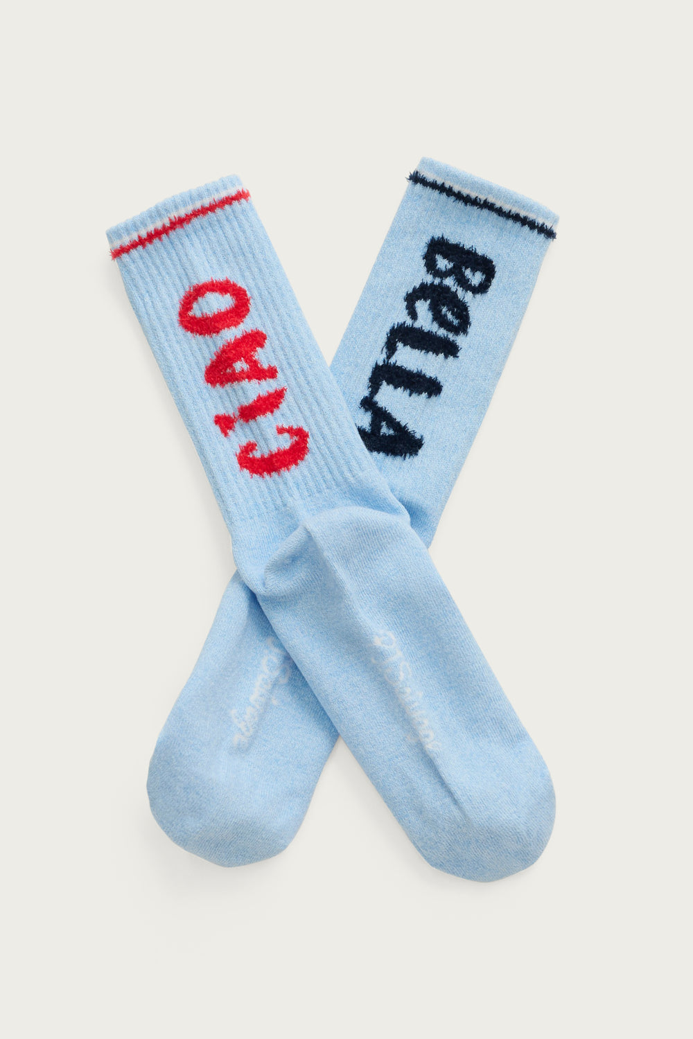 1-pack crew socks. Women & girls' blue sock with 'Ciao Bella' in feather Yarn 