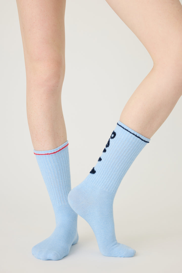 1-pack crew socks. Women & girls' blue sock with 'Ciao Bella' in feather Yarn 