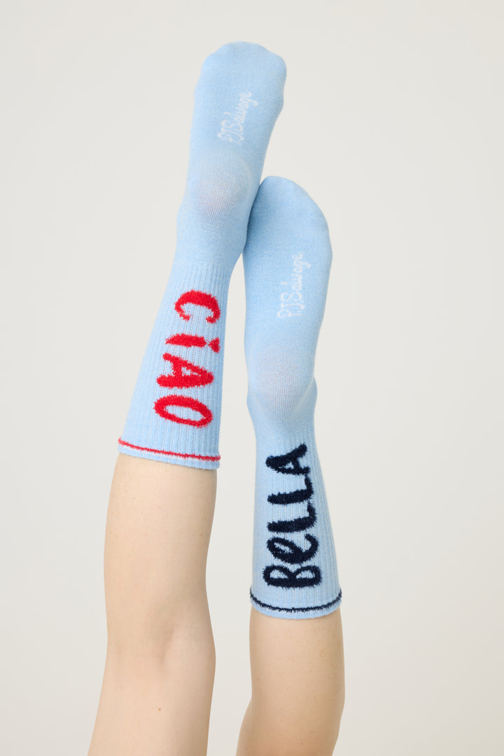 1-pack crew socks. Women & girls' blue sock with 'Ciao Bella' in feather Yarn 