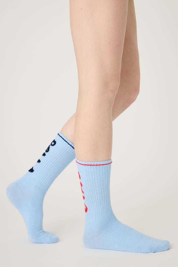 1-pack crew socks. Women & girls' blue sock with 'Ciao Bella' in feather Yarn 