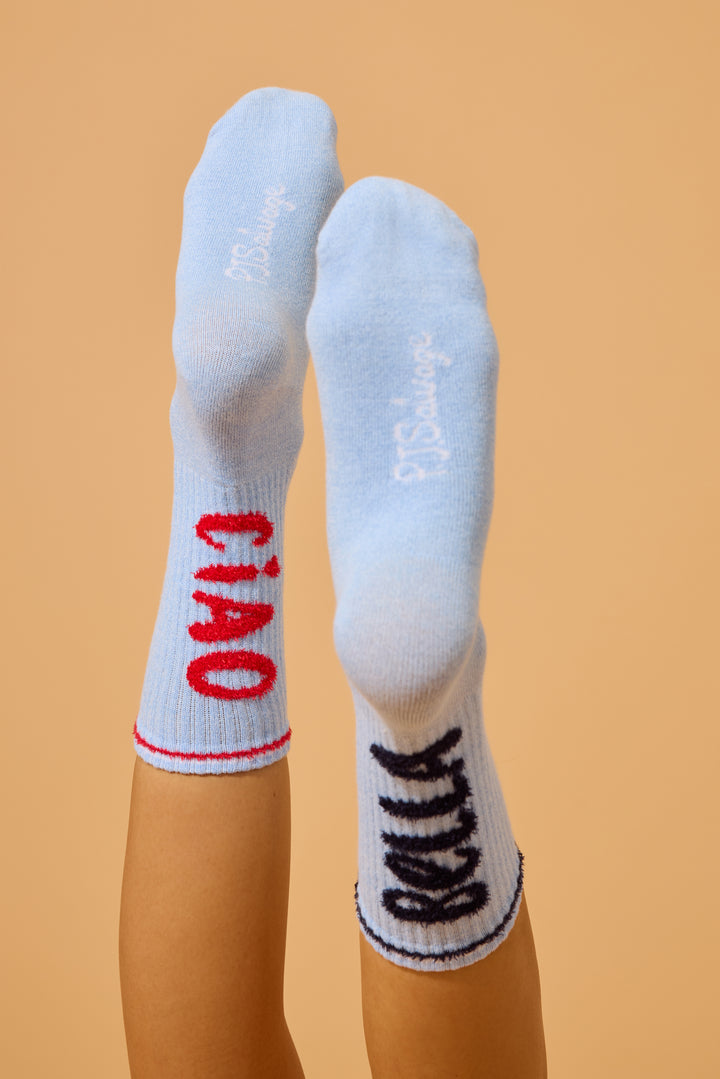 1-pack crew socks. Women & girls' blue sock with 'Ciao Bella' in feather Yarn 