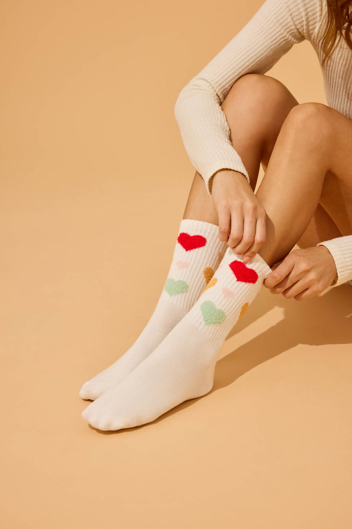 1-pack crew socks. Women & girls' ivory socks with feather Yarn multi-color Hearts.
