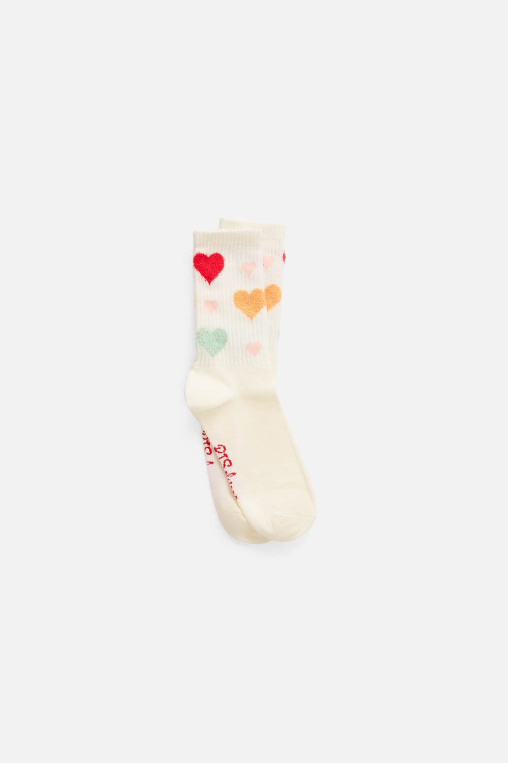 1-pack crew socks. Women & girls' ivory socks with feather Yarn multi-color Hearts.