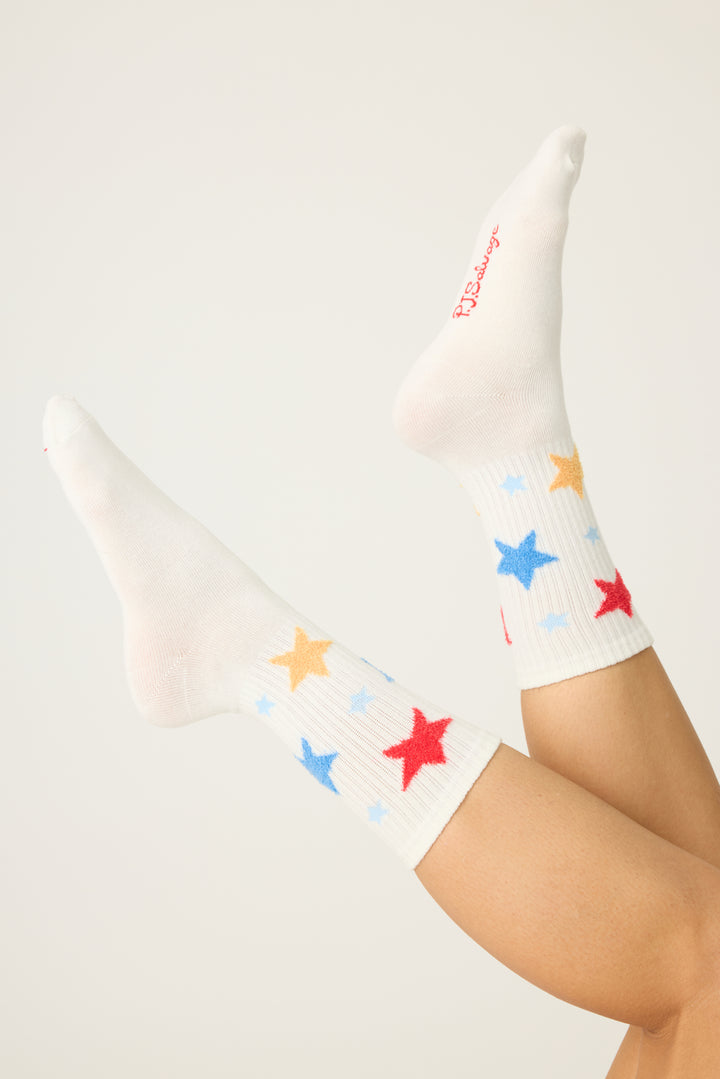 Women's 1-pack crew socks. Women's & girls' ivory sock with feather Yarn multicolored Stars.