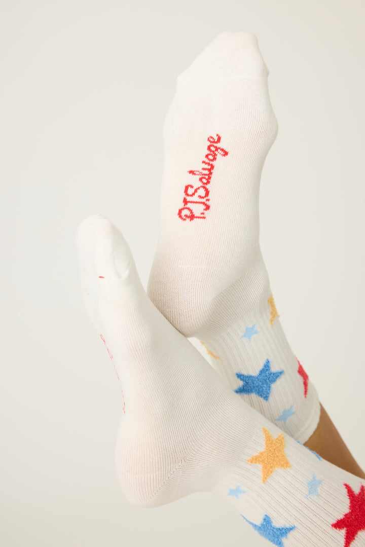 Women's 1-pack crew socks. Women's & girls' ivory sock with feather Yarn multicolored Stars.