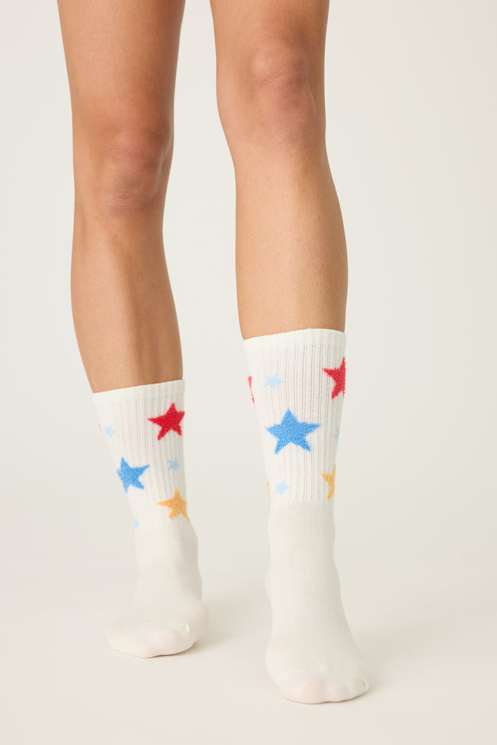 Women's 1-pack crew socks. Women's & girls' ivory sock with feather Yarn multicolored Stars.