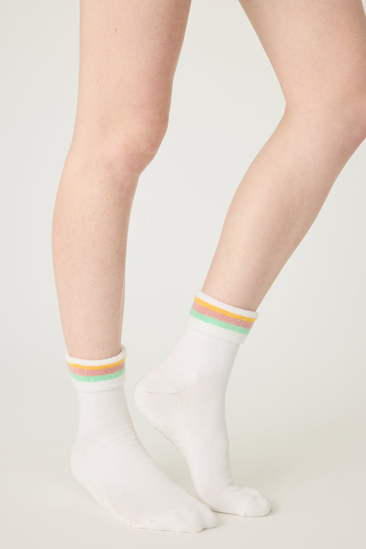 1-pack turncuff anklet sock in Terry. Women & girls ivory & multi stripes on cuff with gripper soles. 