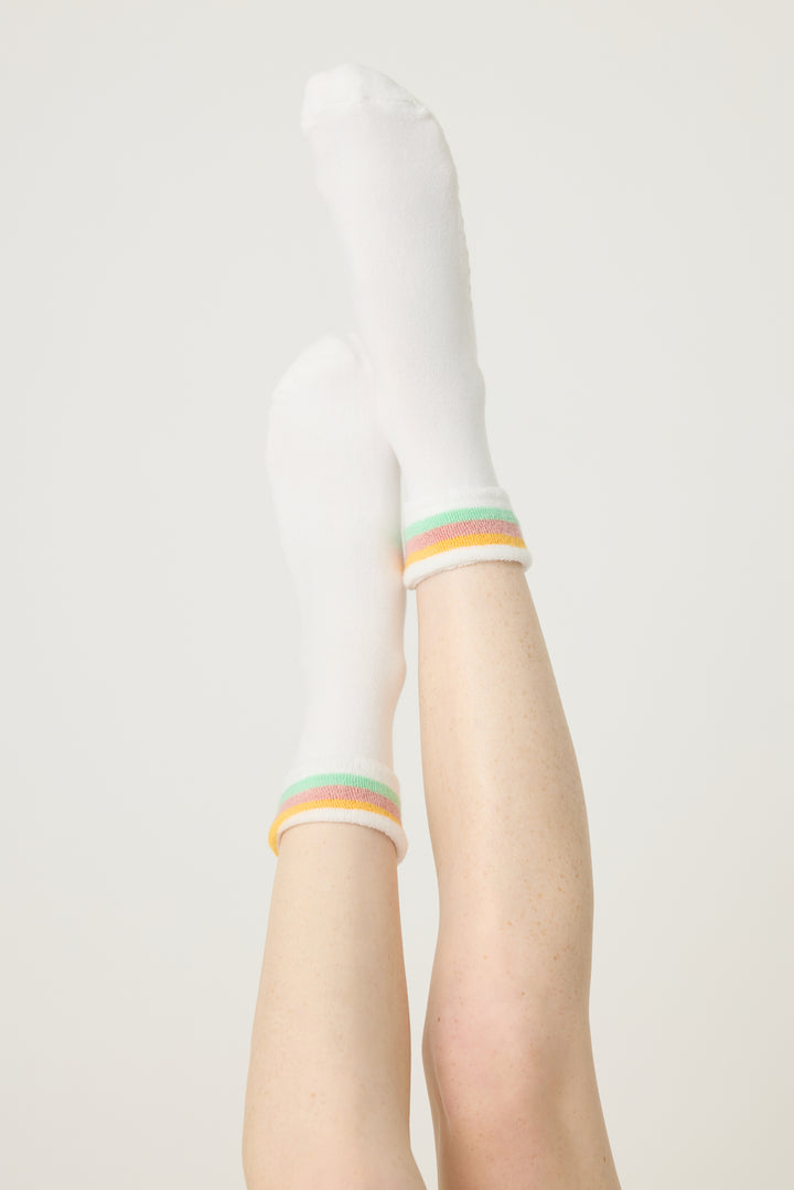 1-pack turncuff anklet sock in Terry. Women & girls ivory & multi stripes on cuff with gripper soles. 