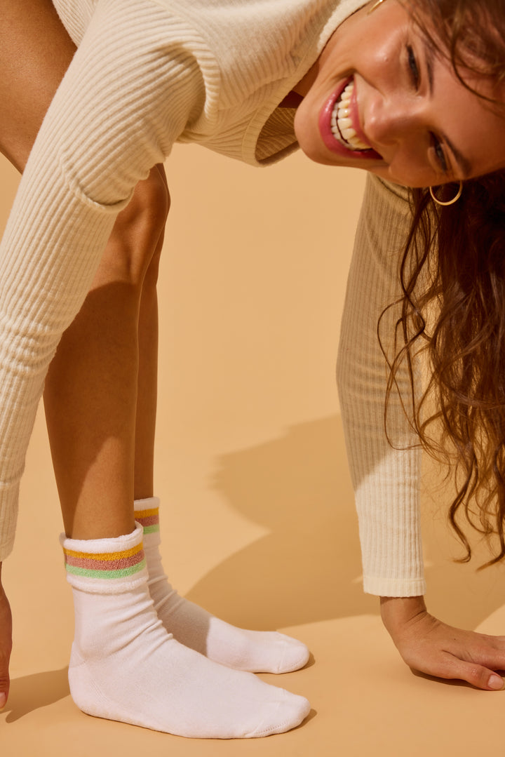 1-pack turncuff anklet sock in Terry. Women & girls ivory & multi stripes on cuff with gripper soles. 