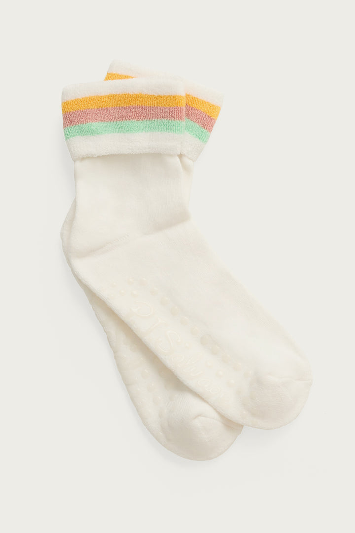 1-pack turncuff anklet sock in Terry. Women & girls ivory & multi stripes on cuff with gripper soles. 