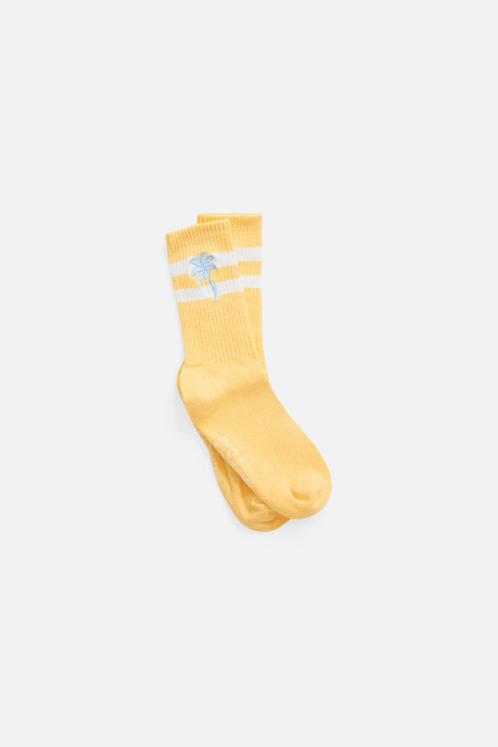 1-pack crew sock. Women's & girls' sock in yellow with stripes & Palm Tree