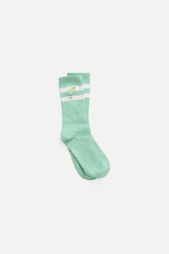 1-pack crew sock. Women's light green socks with Margarita glass design.