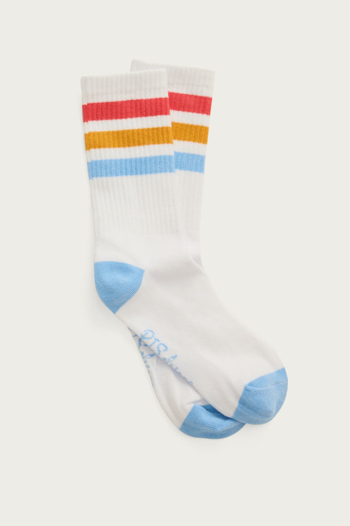 1-pack crew socks. Women's & girls' ivory socks w blue-red-gold stripes.