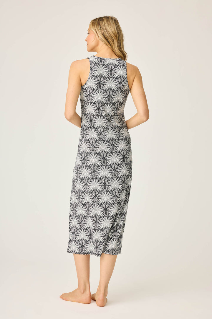 Women's black & ivory palm print midi-dress in modal. Semi-fitted with side slit hem.