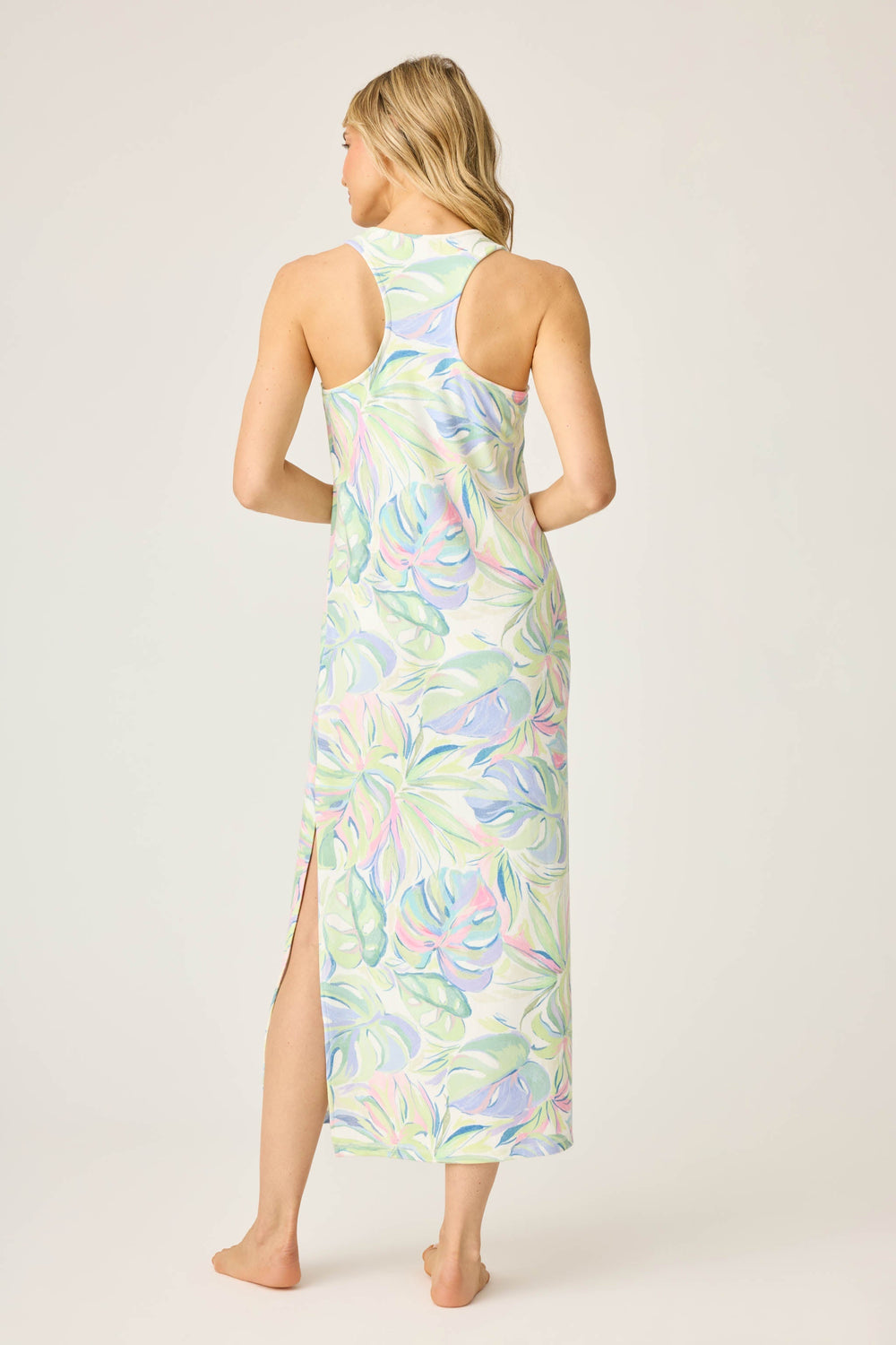 Women's green-ivory-peri tropical print midi-length dress with racer back. With shelf bra for comfort wear.