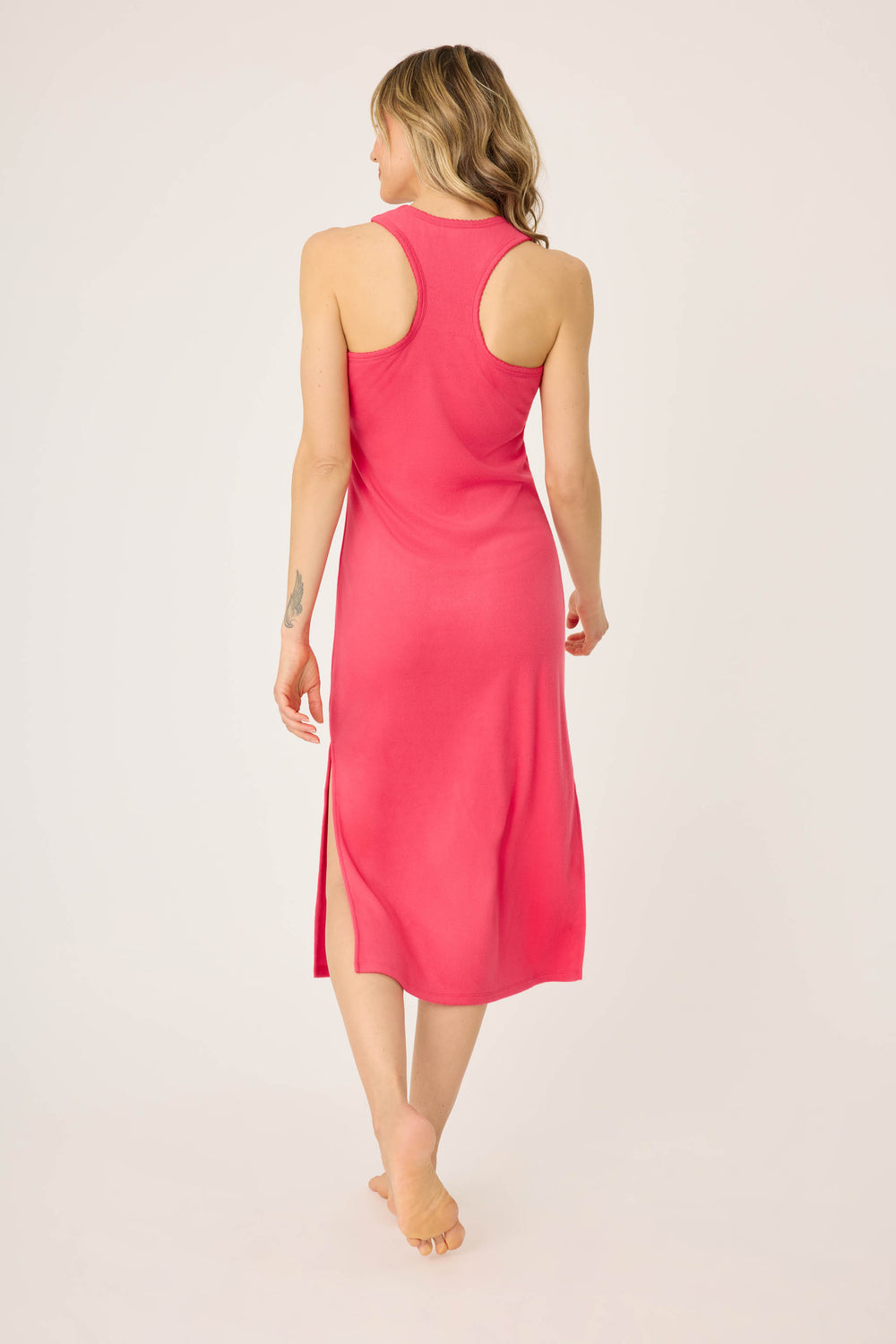 Bright pink semi-fitted midi dress for women in brushed heart-pointelle. Has shelf bra, lace trim & side slits.