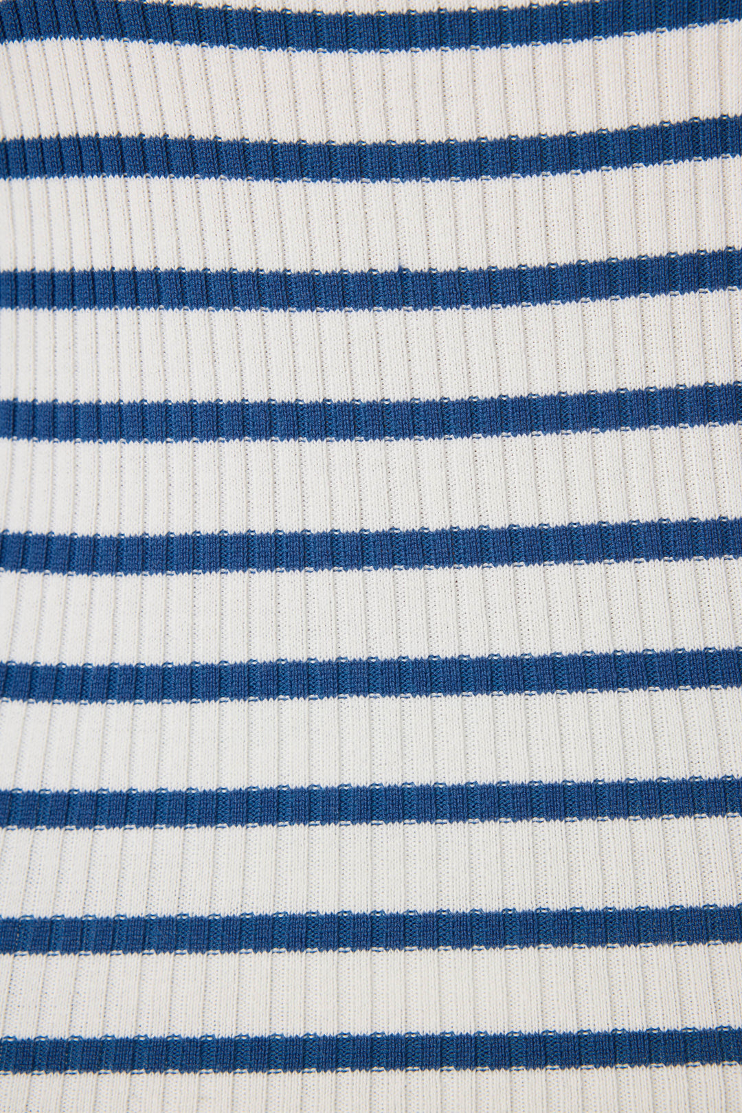 Rib knit strappy dress for women in ivory-blue stripe with navy picot-edge straps.