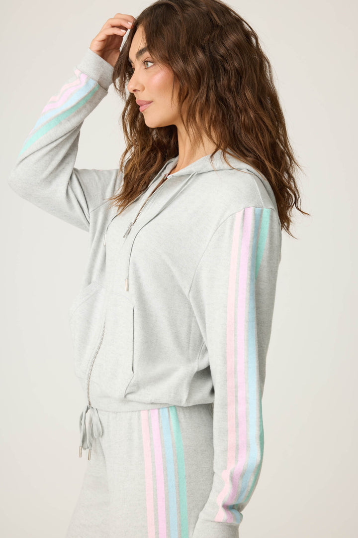 Women's grey zip hoody with pastel sleeve stripes. Front pockets.
