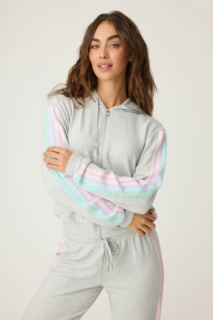 Women's grey zip hoody with pastel sleeve stripes. Front pockets.