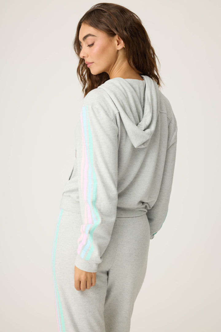 Women's grey zip hoody with pastel sleeve stripes. Front pockets.