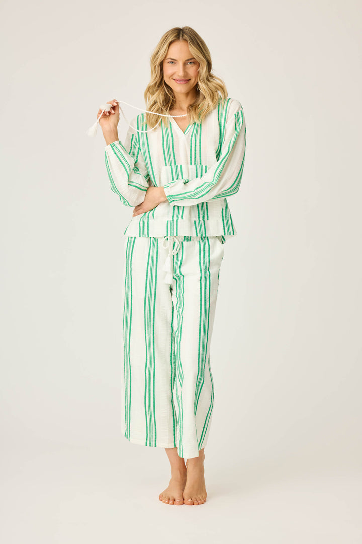 Women's green & white striped pullover V-neck hoody in cotton woven gauze. With front pocket & gathered sleeve cuffs.