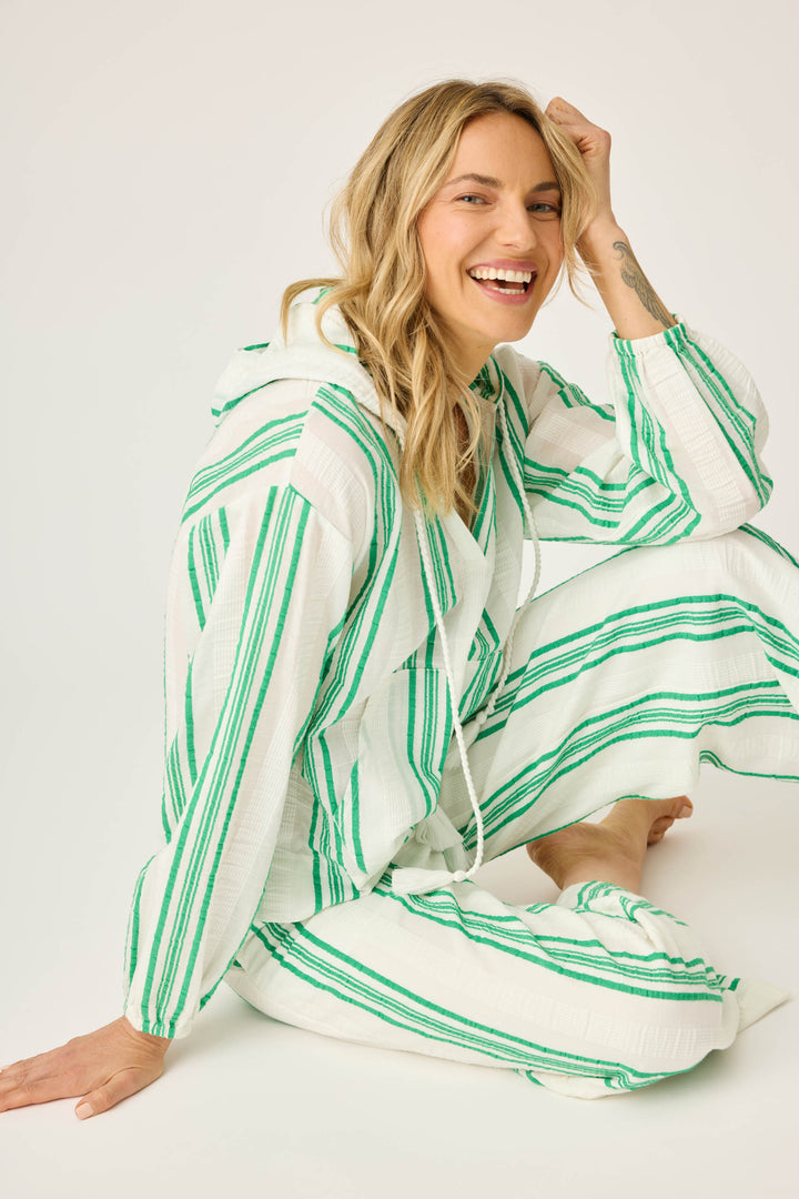 Women's green & white striped pullover V-neck hoody in cotton woven gauze. With front pocket & gathered sleeve cuffs.