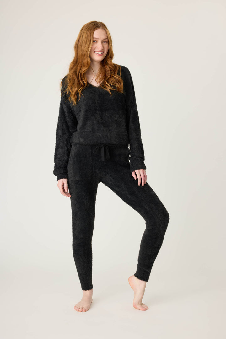 Women's black feather knit long sleeve top.