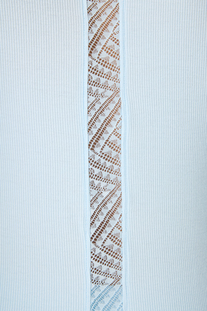 Women's fitted blue long sleeve top in micro-rib knit. With lace inset neckline & back detail.