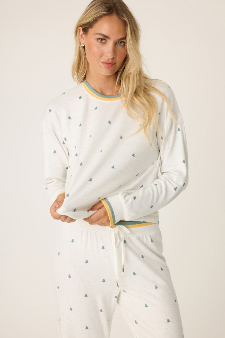 Women's long sleeve heather grey lounge top with mini tree print. Striped sleeve cuffs & open hem