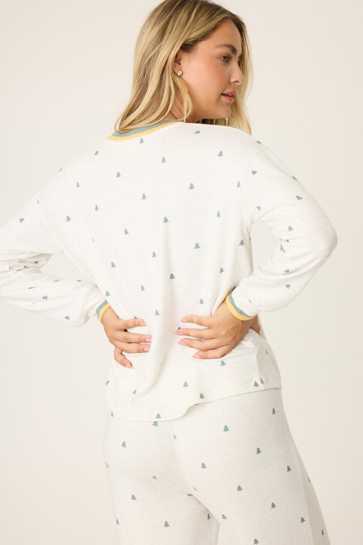 Women's long sleeve heather grey lounge top with mini tree print. Striped sleeve cuffs & open hem