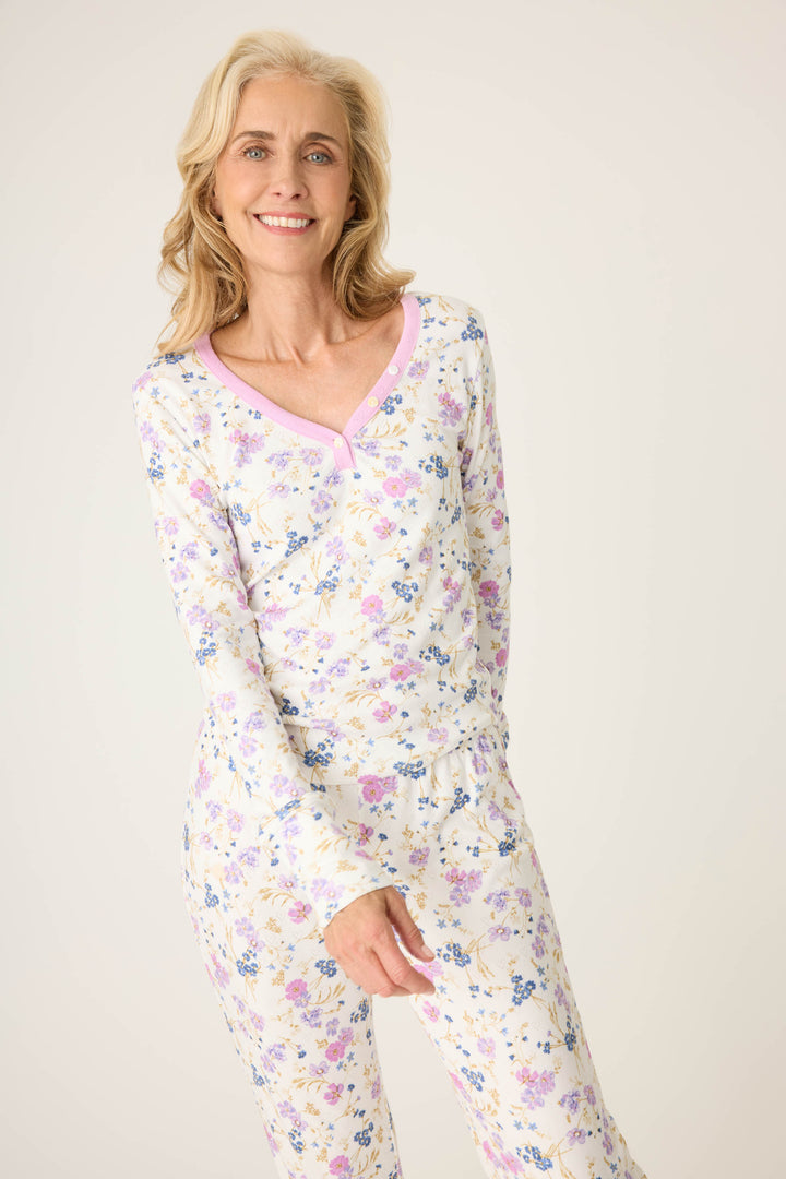 Women's ivory v-neck long sleeve pj top with floral pattern.