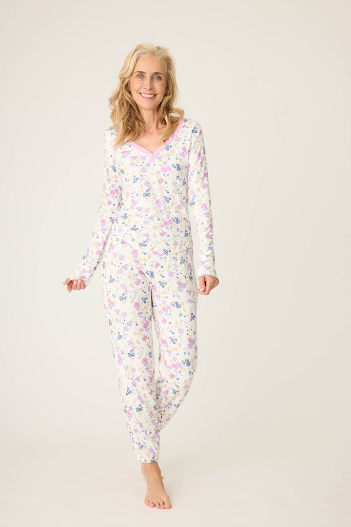 Women's ivory v-neck long sleeve pj top with floral pattern.